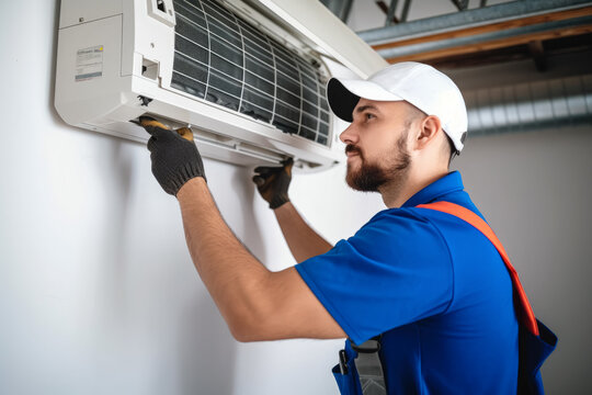 HVAC technician installing a mini split air conditioner in Fort Collins