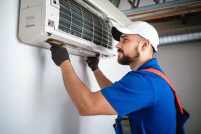 Air conditioning technician servicing a wall-mounted AC unit in Fort Collins, CO